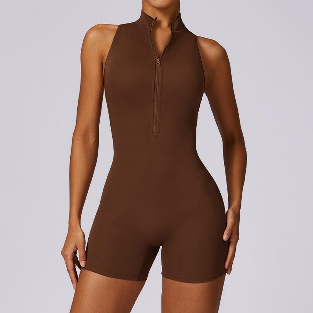 Summer Gym Jumpsuit Women's Fitness Suit Back Hollow Out Short Set Sports Overalls Woman Tracksuit Yoga Clothing Zipper Workout Sportswear With Chest