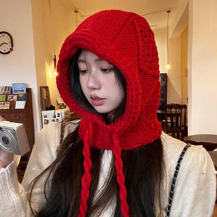 Big Red Balaclava Hat Women's Strappy Knitted Winter Thickened Warm Woolen Hat
