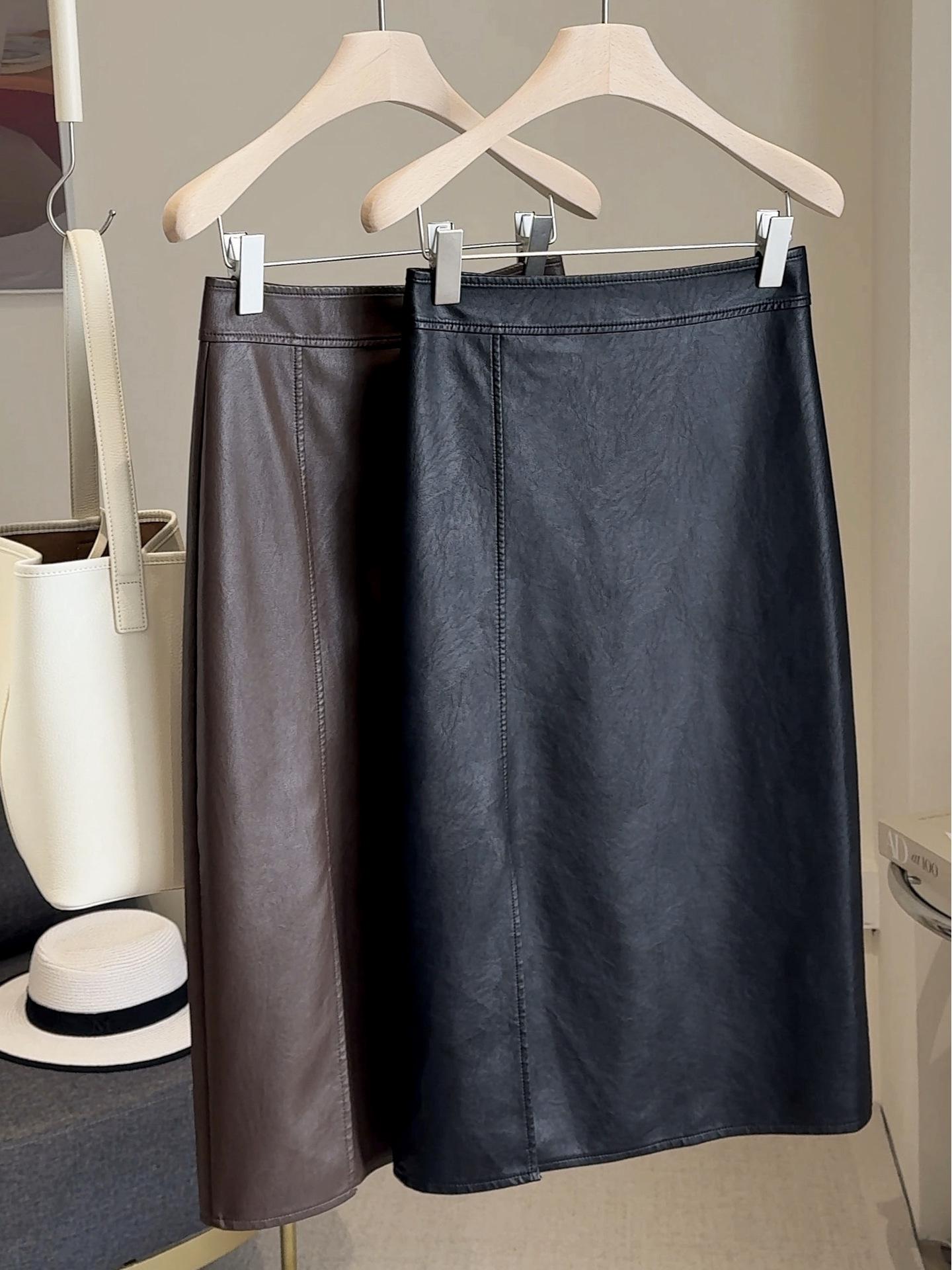 

Women s Coffee PU Leather Mid-Length High-Waisted A-Line Pencil Skirt with Slit Small чорний