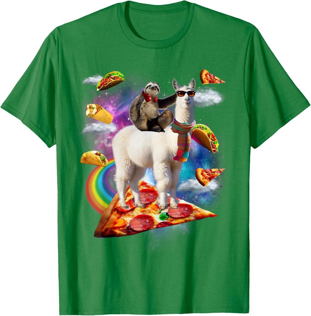Bradipo che cavalca un lama nella Galassia della Pizza Taco Maglietta Grafica Divertente Casual Unisex Maglietta da Viaggio