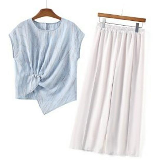

Elegant 2026 Summer Two-Piece for Middle-Aged Women - Stylish Short-Sleeved Top 3XL синий