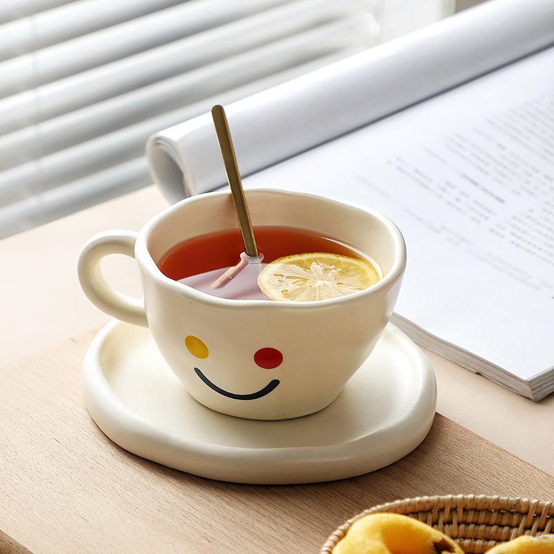 Teacup Creative Ceramic Latte Coffee Cup British Afternoon Smiley Ceramic Flower Water Cup Breakfast Cup Saucer Simple Style