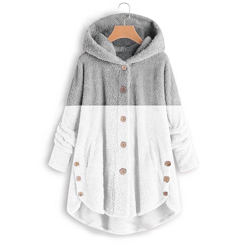 Women's Two-Tone Fleece Coat Hooded Button-Up Winter Warm Jacket