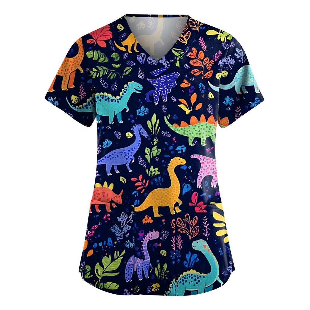 Women's Fashion Short Sleeve Cute Animal Printed V-Neck Pocket Workwear Tops