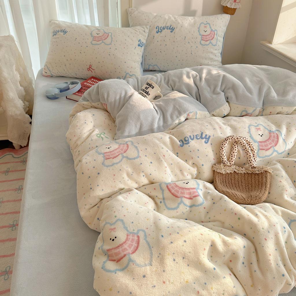 Cartoon Cute Double-Sided Fleece Thickened Milk Fleece Four-Piece Set, Student Dormitory Three-Piece Set, Bedding