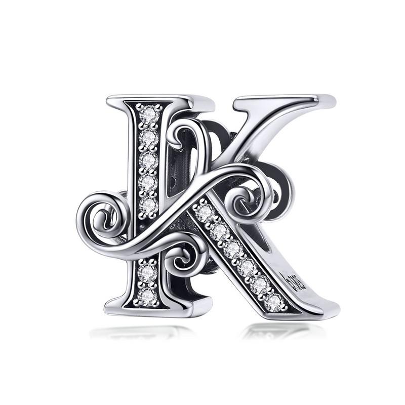 BAMOER Classic 925 Silver Letter Vintage A to Z 26 Letter Charms Openwork CZ Alphabet Beads Fit Charm Bracelet BSC030