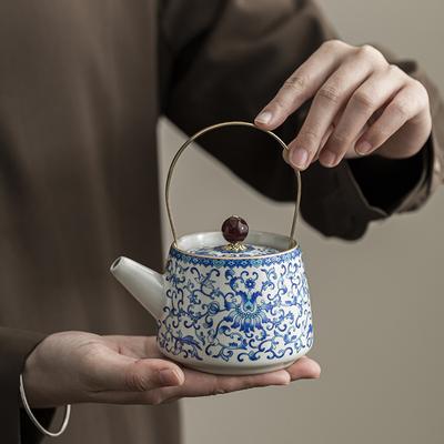 Beige Ru-Ofen Teekanne Haushaltsbrühkanne Kung-Fu-Teegeschirr Retro Einzelkanne Filter Strahlkrug Hochwertig Blau und Weiß