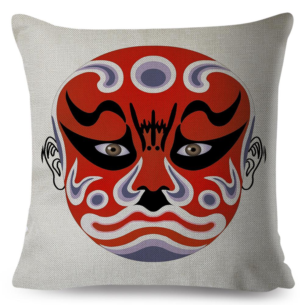 Chinese Opera Mask Pillow Xcm Original Artistic Illustration Vibrant Traditional Colors Woven Fabric Cover