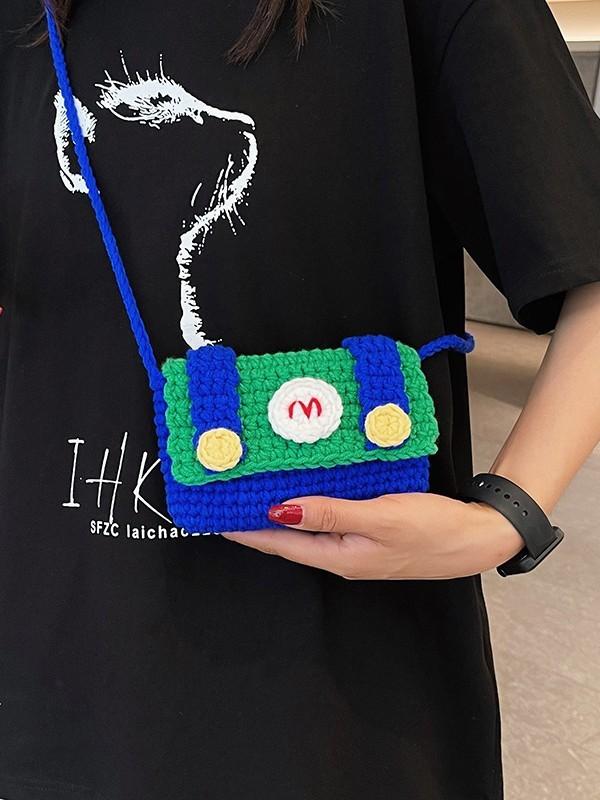 Mario Knit Mini Bag For Girls With Cartoon Phone Pocket Soft Wool Material For Daily Use
