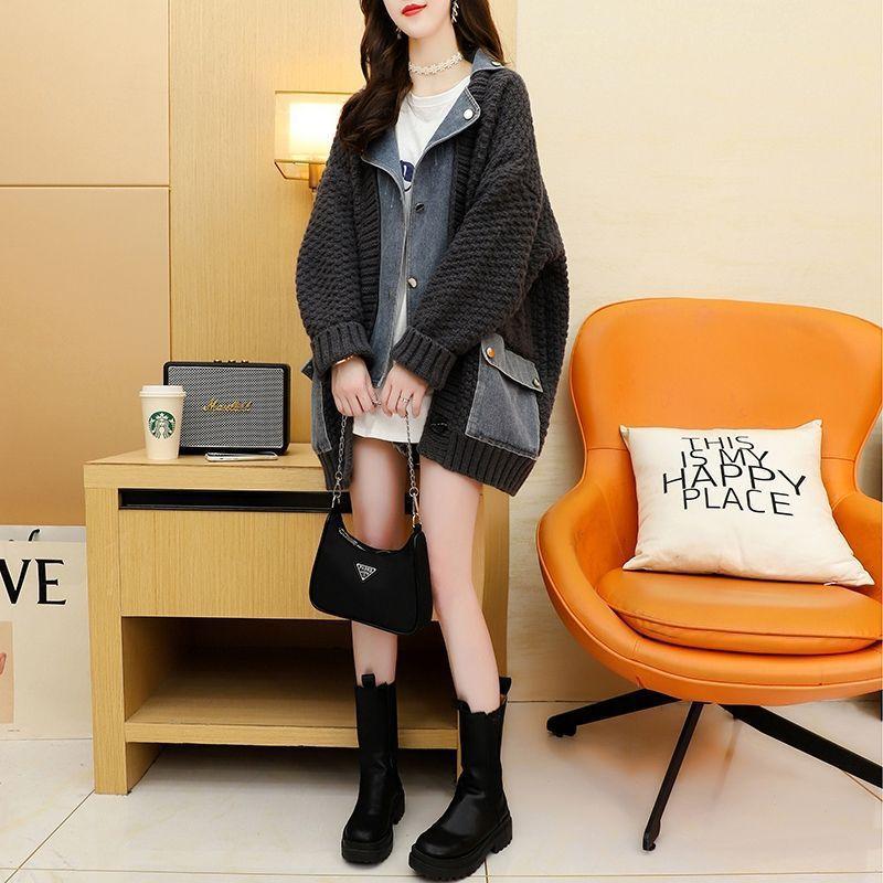 Fashion Casual Denim Spliced Long Sleeve Knitted Cardigan Loose Thick Women Sweater Coats Winter Autumn