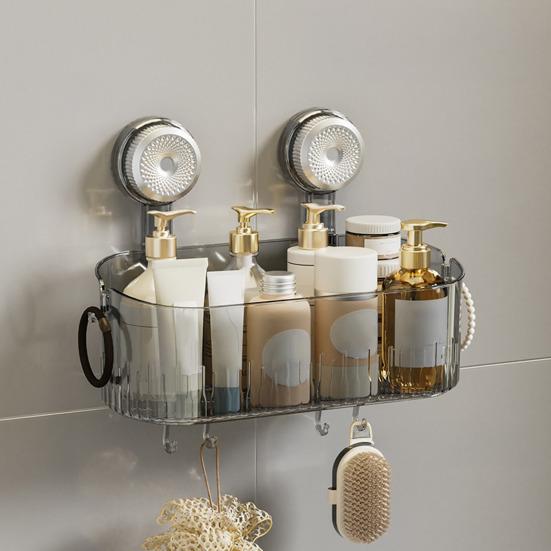 No-Drill Shower Caddy Removable Suction Cup Storage Shelf with Hooks Wall Mounted Clear Storage Box Bathroom Organizer for Shower Toiletries