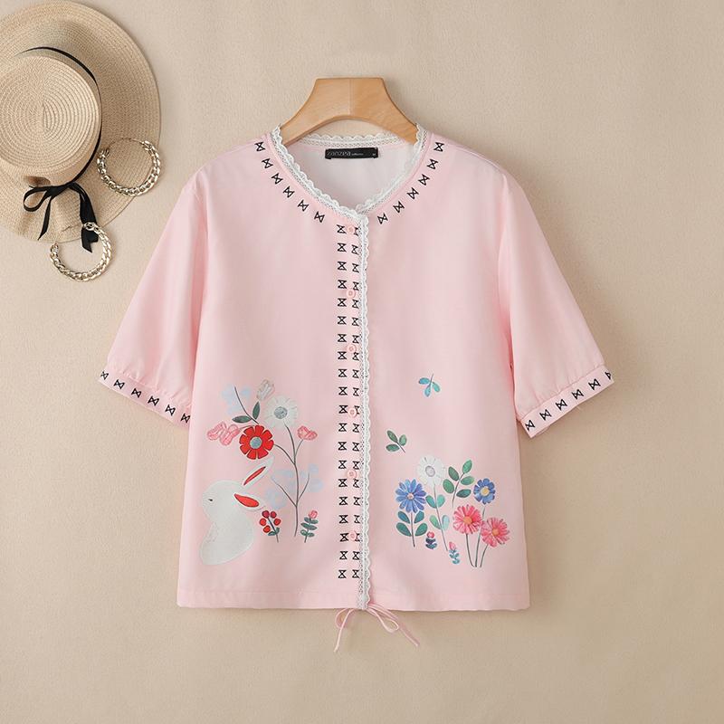 ZANZEA Women Casual Round Neck Loose Short Sleeve Floral Blouse