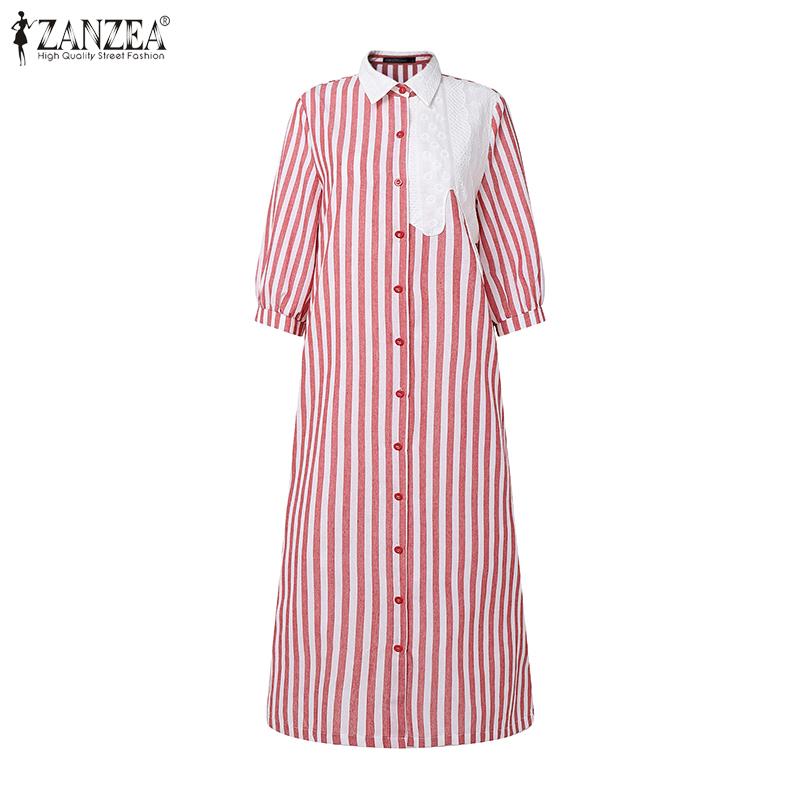 ZANZEA Women Casual Turn Down Collar Loose 3/4 Sleeve Stripe Dress