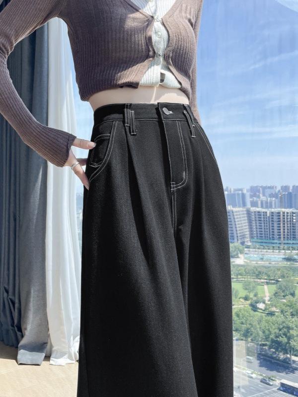 Women's High-Waisted Black Denim Wide-Leg Pants - Autumn Slim-Fit, Petite Loose, Floor-Length Casual Trousers.