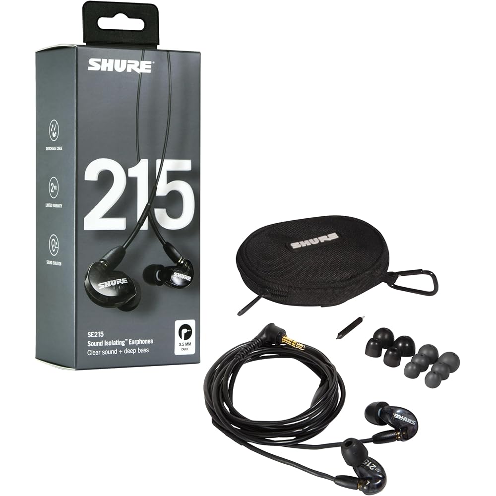 Shure SE215 Wired Earphones Translucent Black High Noise Isolation Gaming In-Ear Monitors MMCX 162cm Cable
