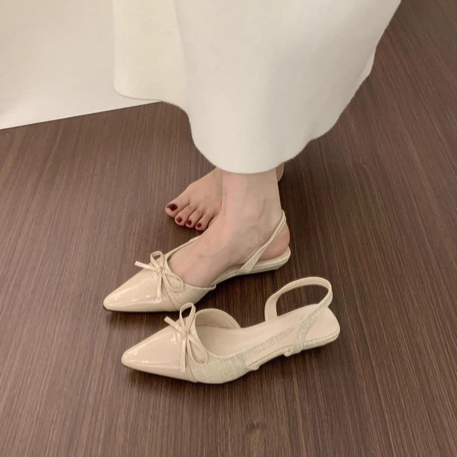 French Xiaoxiangfeng Gentle Evening Shoes Small Slope Heel Baotou Sandals Women's Summer Bow Pointed Back Empty Single Shoes Women's