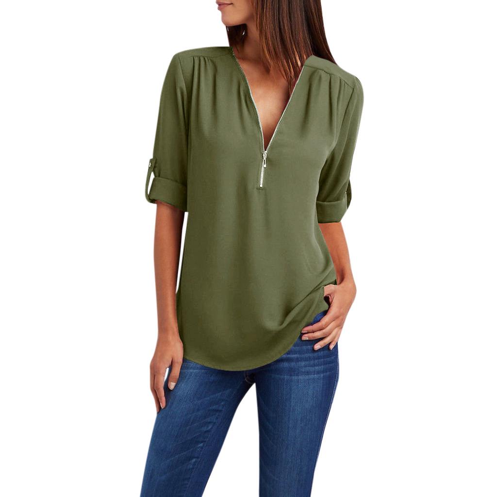 Women Ladies Zipper Button Long Sleeves Loose Chiffon Shirt Clothing
