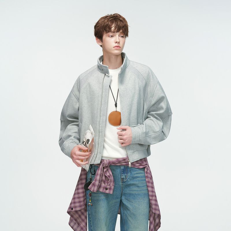 Dream Made American-Style Cleanfit Stand-Up Collar Woolen Jacket for Men, Spring and Autumn Boxy Short Silhouette Jacket
