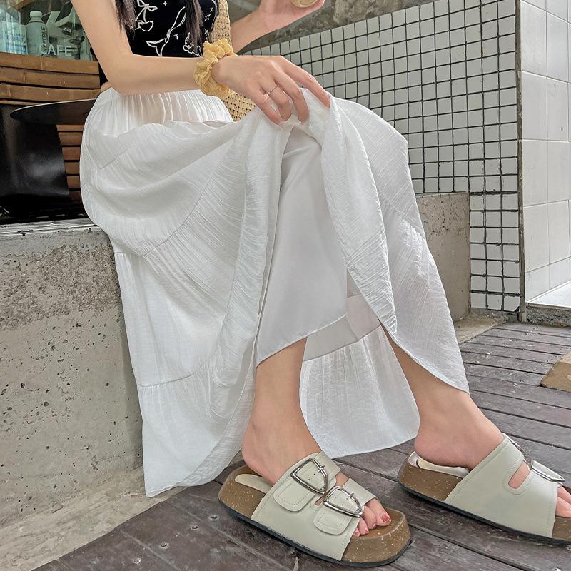 Women's Spring and Summer White Tiered Cake Skirt Elastic Waist A-Line High-Waisted Slimming Long Skirt Breeze Half Skirt