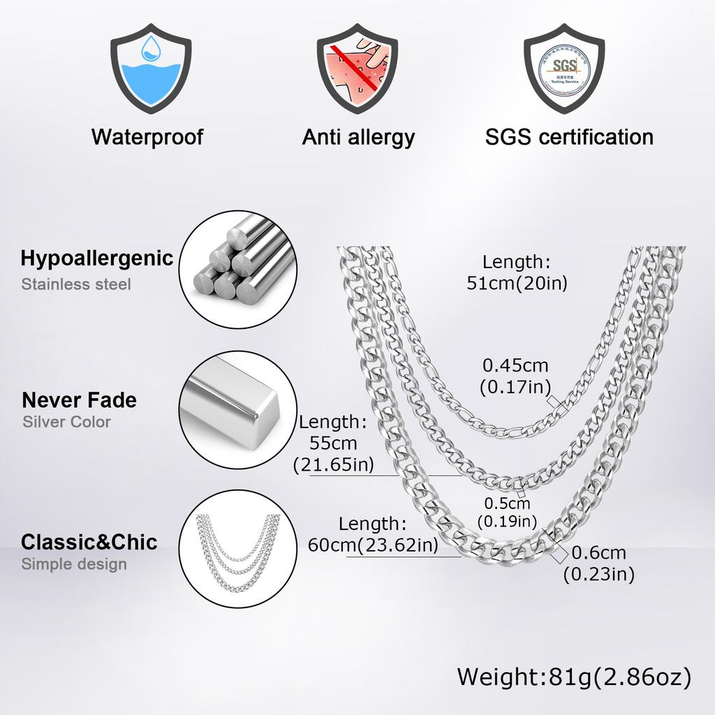 Vnox Set de Collar de Cadena 50/55/60 cm, Color Plata Oro Acero Inoxidable Collar Básico, 3 Piezas/set Joyería de Collar Regalo para Hombres Mujeres