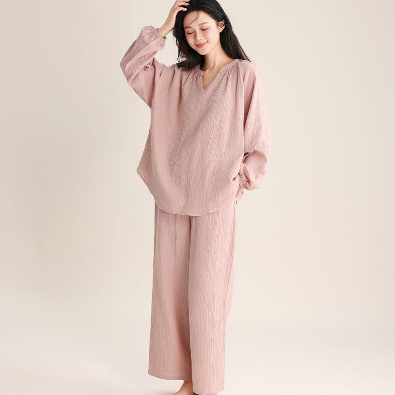 Womens Lightweight Cotton Pajama Set V-Neck Long Sleeve Loose Lounge Wear