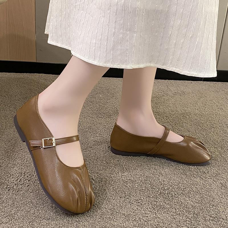Spring New Flat Shoes for Women Round Head Shallow Mouth Fold Metal Buckle Line with Soft Sole Non-slip Single Shoes