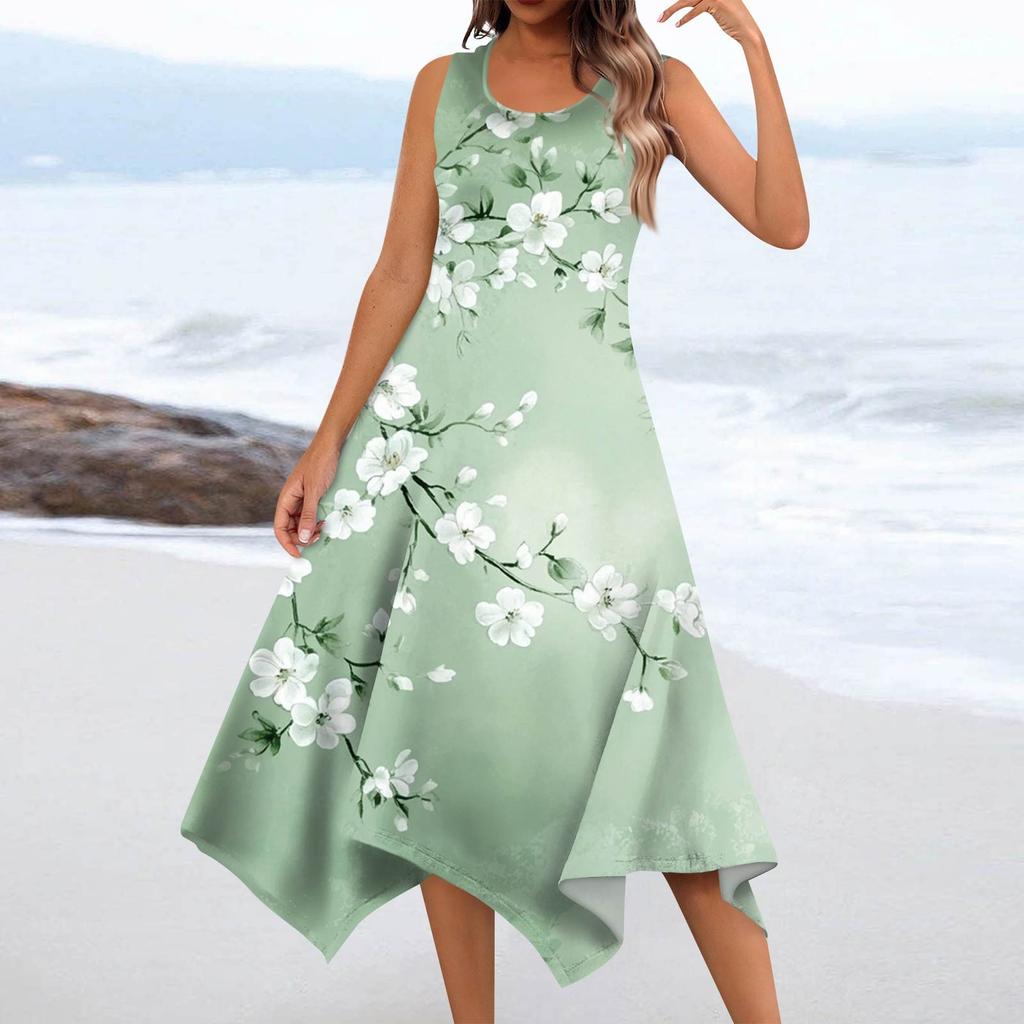 Women's Casual Fashion Round Neck Sleeveless Floral Print Irregular Hem Midi Dress