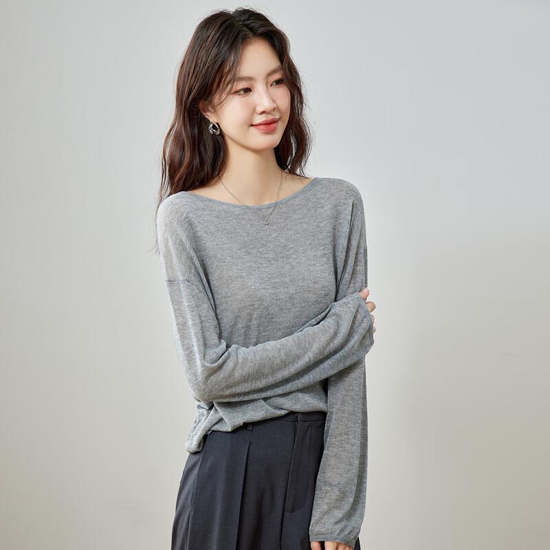 CARBAMMI Women s Elegant Sheer Boat Neck Long Sleeve Cropped Knit Top One Size серый