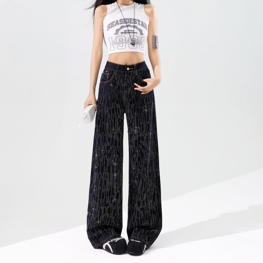 Spring Summer Bling Full Star Wrinkle Resistant Four Way Stretch Drape Micro Flare Wide Leg Denim Pants For Women Casual Pants Oversize Denim Trousers