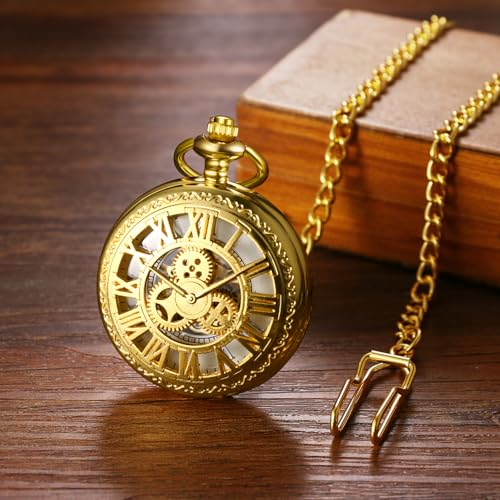 Antique Gold Skeleton Automatic Pocket Watch: Roman Analog Display, Waterproof Pendant Watch with Chain, Gold - Perfect Gift for Birthdays, Anniversar