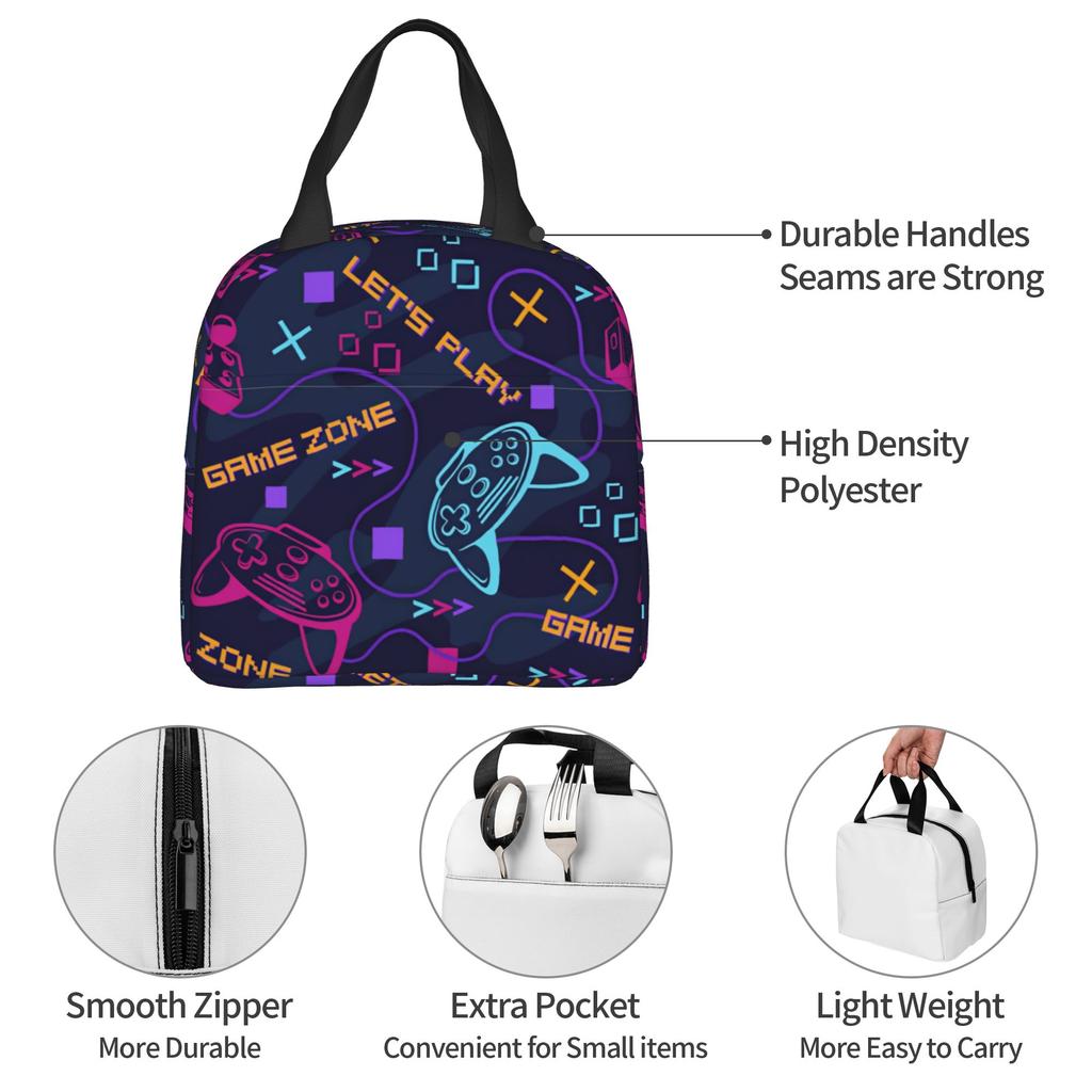 Featuring Neon Game Joystick Controllers Lunch Bag Women Geometric Thermal Cooler Insulated Lunch Boxes for Adult Office