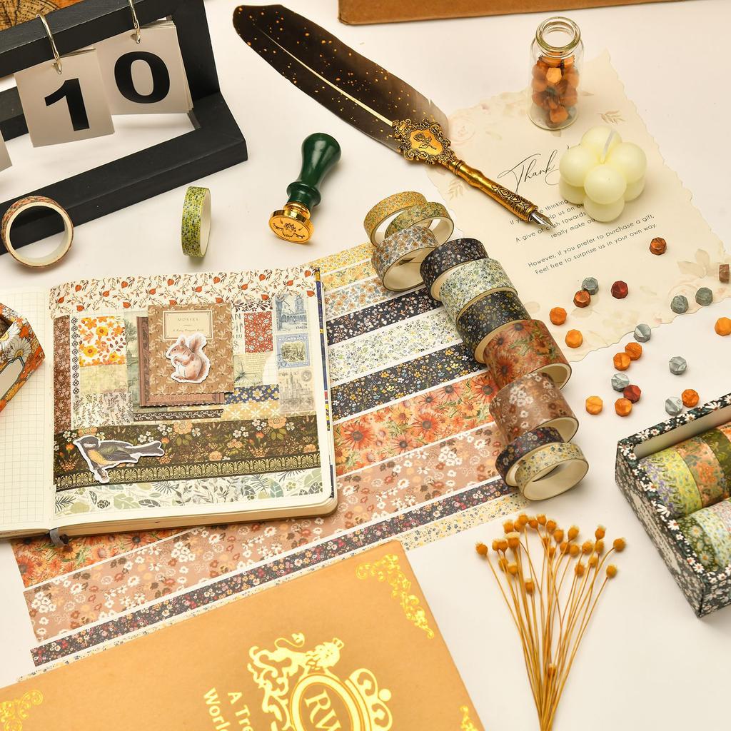 12 Rolls DIY Vintage Floral Colored Decorative Tape Set Masking Tape Notebook Diary Bullet Journaling Wrapping Supplies