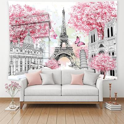 Romantic European City Landscape Tapestry, Sakura Blossom Eiffel Tower Landmark Watercolor Scenery Wall Cloth Home Warm Backdrop