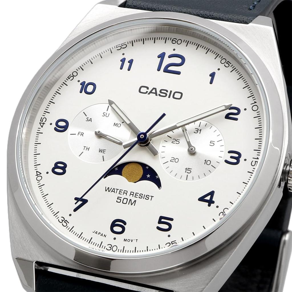 CASIO Standard Moon Phase Analog Watch Greenish Blue Leather Band White Overseas Model Men's MTP-M300L-7AV [Item]