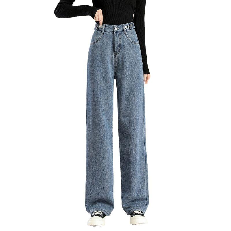Women's Light Blue Fleece-Lined High-Waisted Wide-Leg Jeans - Winter Thickened for a Loose, Slimming Fit with Trendy Design.