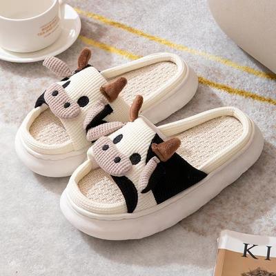 Pantoufles en lin Shevalues tendance pour femmes, pantoufles de maison à motif de dessin animé mignon, plateforme à semelle souple, pantoufles d'intérieur, pantoufles de loisirs pour femmes