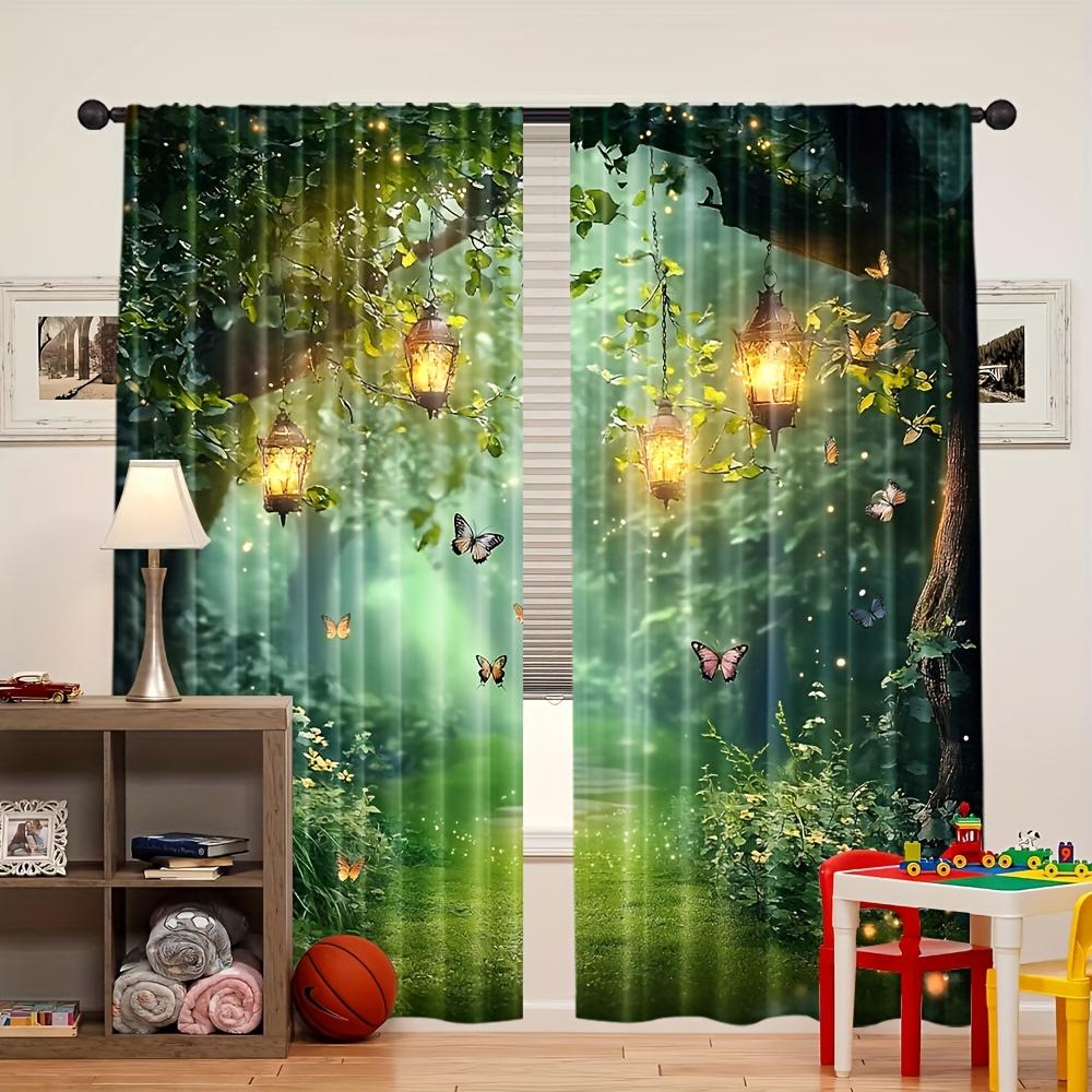 2 Panels Fantasy Forest Printed Curtains Lantern Butterfly Window Drapes Polyester Living Room Bedroom Home Decor