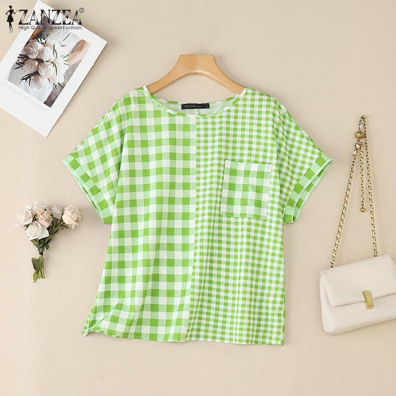 ZANZEA Women Casual Round Neck Plaid Print Summer Short Sleeve Blouse