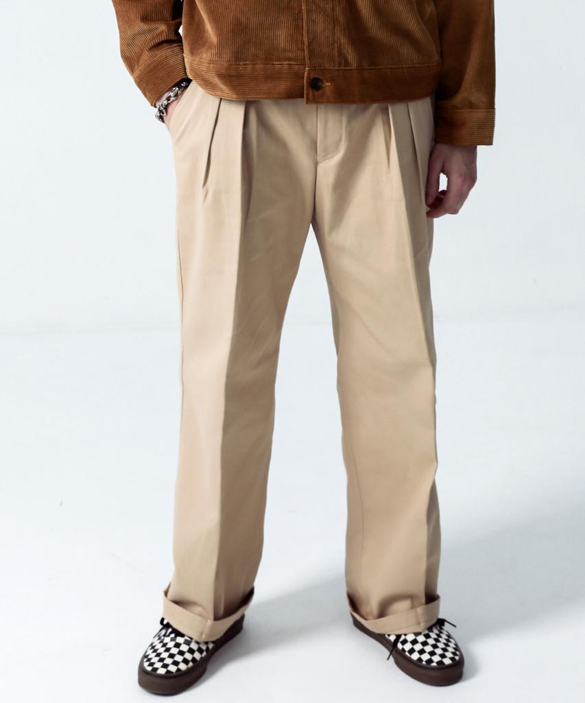 STAGE NAME Reverse Double-Pleated Elastic Wide Cotton Chino Pants_Beige