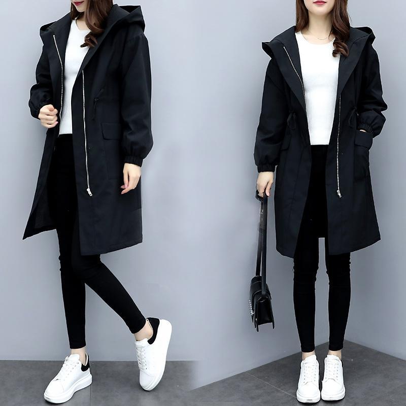 Trench Coats Women Autumn Winter Hooded Drawstring Pocket Zipper Long Outwear Plus Size Elegant Ladies Thicken Windbreaker Coats