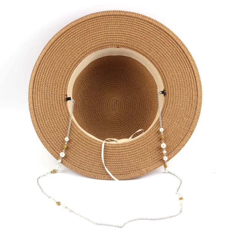 Women Summer Uv Protection Straw Sun Hat Wide Brim Korean Style Pearl Decor Beach Foldable Travel Elegant Lightweight