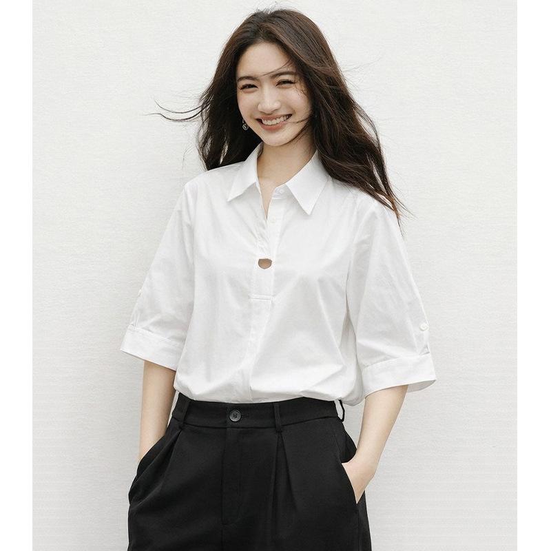 French Style Elegant White Five-Sleeve Women's Shirt - 2026 Spring Collection, Perfect for Petite Figures