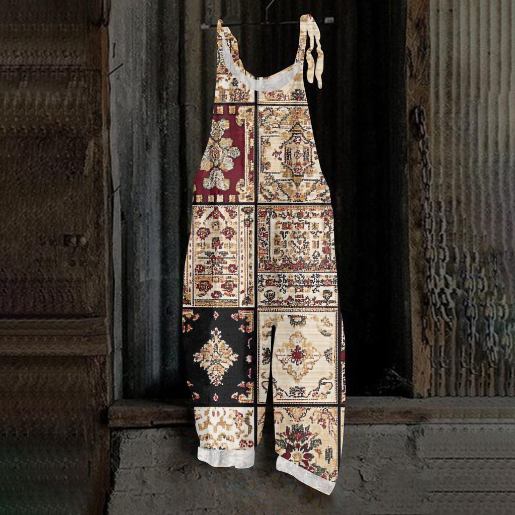 Women's One-piece Pants With Retro Prints, Casual Loose Retro Straps, And Cotton And Linen