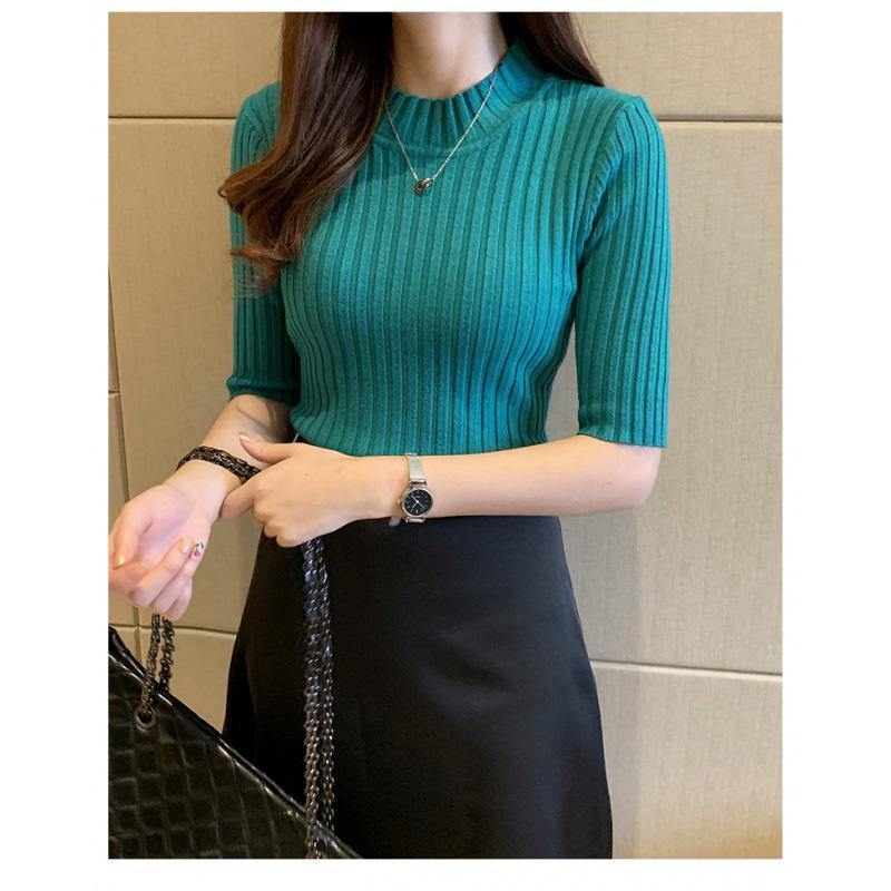 

Женский приталенный пуловер с рукавом средней длины - Осенне-зимний вязаный базовый слой One Size зелёный