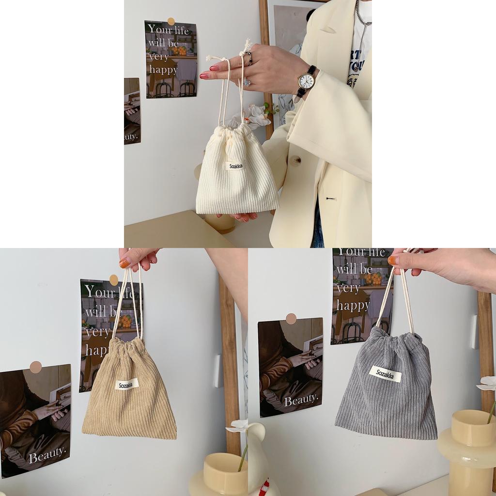 32133 Plain Corduroy Weave Tag Drawstring Closure Cosmetic Bag Women Portable Large Capacity