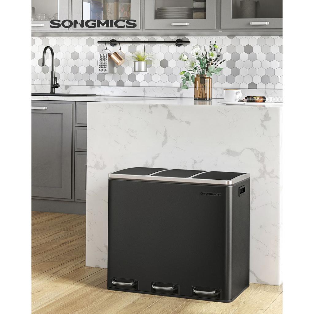SONGMICS Recycling Bin, 3 x 18 L Triple Kitchen Bin, 3 Compartment Pedal Bin with Soft-Close Lids, Plastic Inner Buckets, and Handles, Black