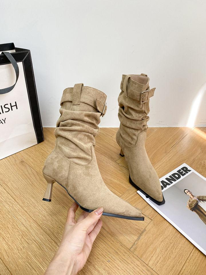 Retro Suede Pointed High-heeled Pleated Piled Boots Women's 2025 Autumn and Winter New Belt Buckle Medium Tube Temperament Martin Boots