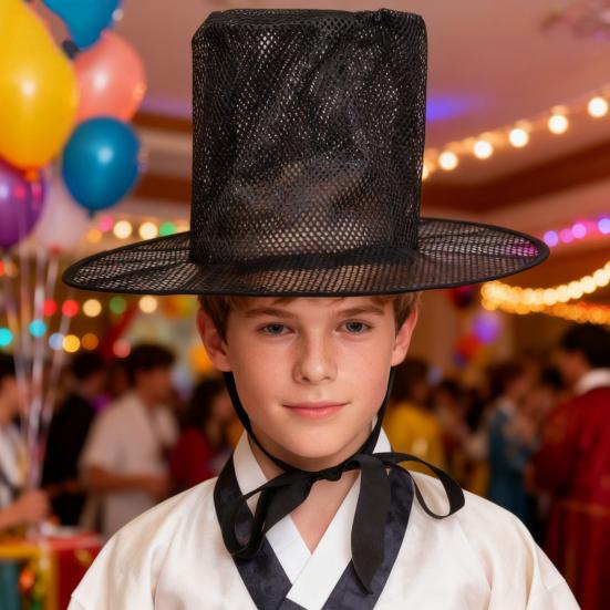 Adult Korean Traditional Performance Hat Quick-Fold Flat Top Hat with Wide Brim UV Protection Cosplay Black Hat