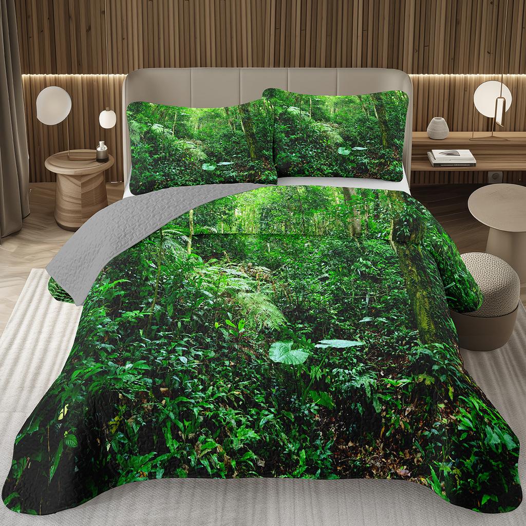 Forest Bedspread King/Full Magical Woodland Jungle Coverlet Set Dreamy Misty Scene Quilted Bedding Set Reversible Grey Bed Cover