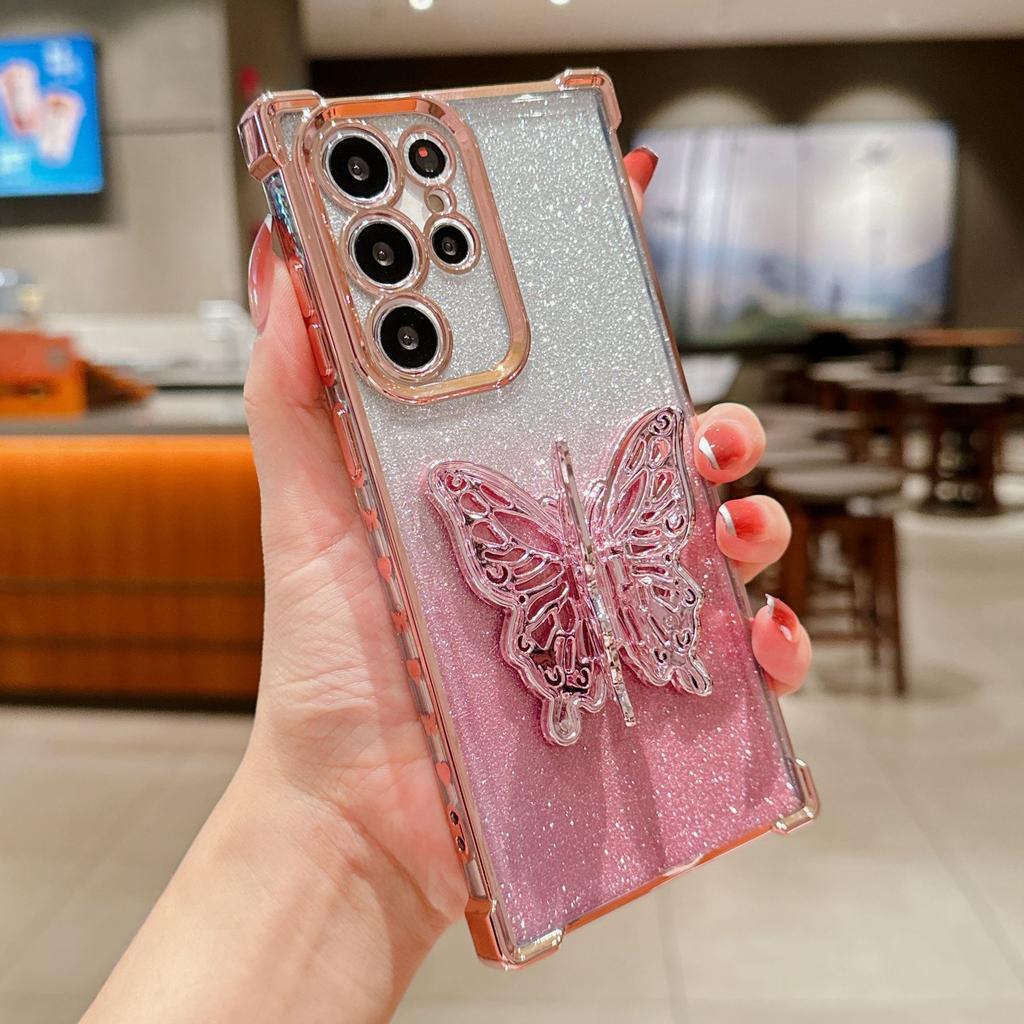 Applicable to Samsung S24Ultra mobile phone case electroplating anti-drop space case gradual change glitter paper butterfly bracket protective case